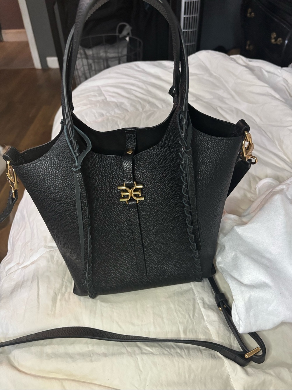 Sam EdelmanBlack Pebbled Leather Tote with Gold Accent